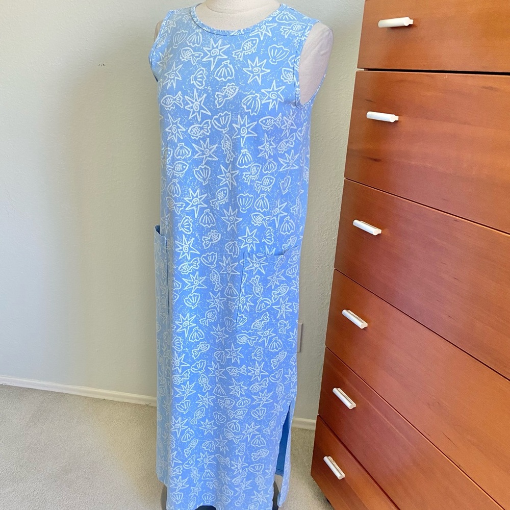 On White Maxi Dress Cotton Sleeveless Blue/White
